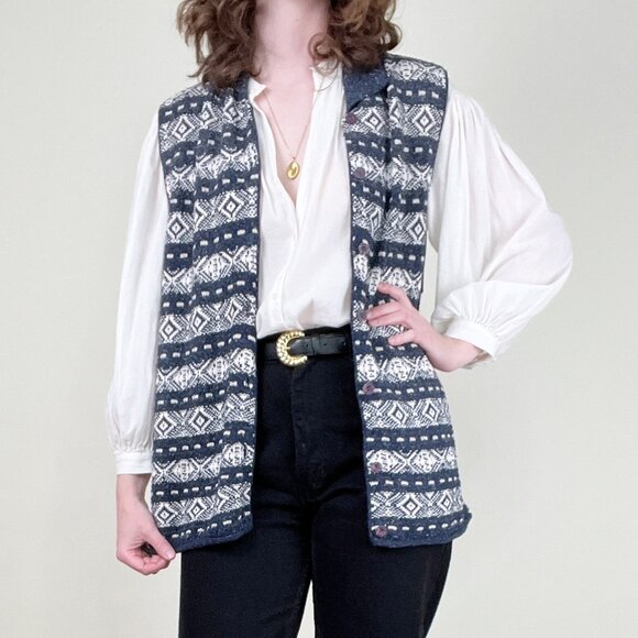 Vintage Oversized Fair Isle Sweater Vest Cardigan Eclectic Coastal Scandinavian - Picture 9 of 9